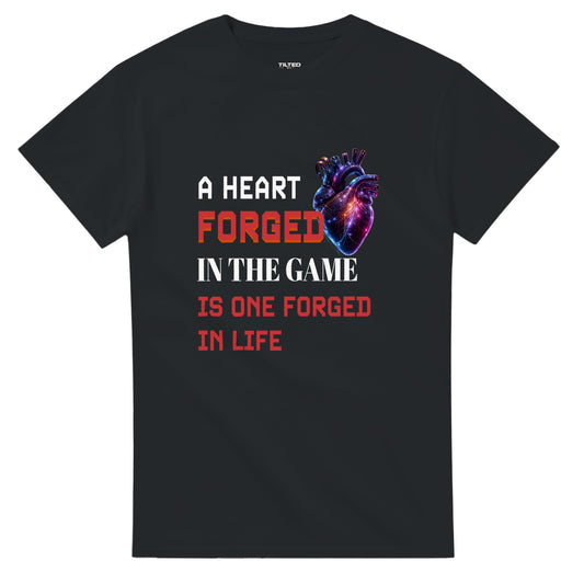 Heavyweight black Gamer tee featuring a synthetic heart and the text 'A heart forged in the game is one forged in life' in bold lettering