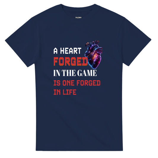 Heavyweight navy Gamer tee featuring a synthetic heart and the text 'A heart forged in the game is one forged in life' in bold lettering