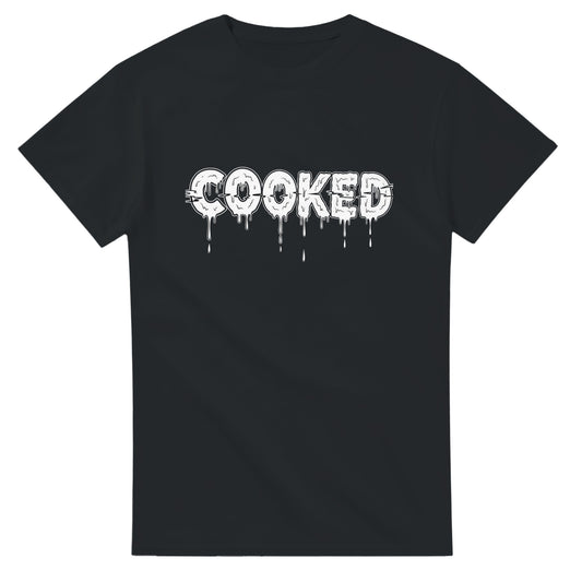 Black heavyweight 180 GSM t-shirt with white 'Cooked' dripping logo for gamers.