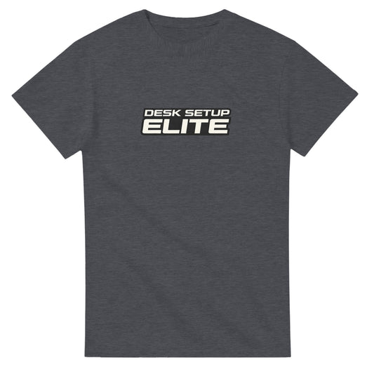 Grey t shirt with white text 'desk setup elite' on a white background 