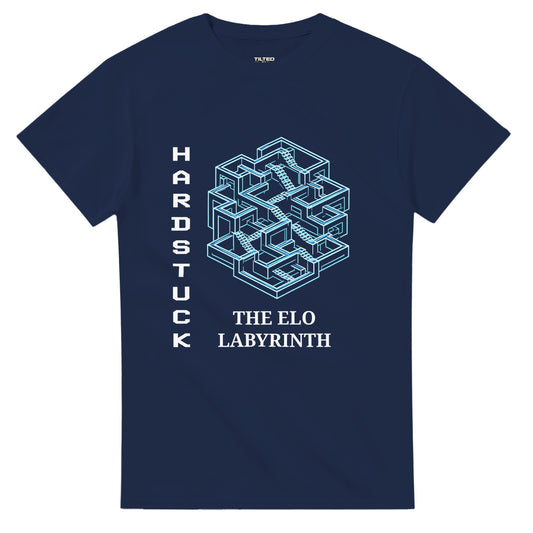 Navy shirt with a large labyrinth graphic in neon blue with vertical white lettering 'hardstuck' and horizontal white lettering across the bottom that reads 'elo labyrinth'