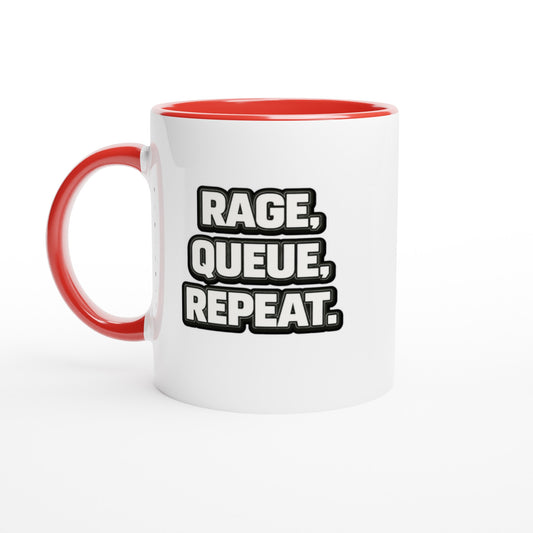 White mug with red handle and interior, featuring the text 'RAGE, QUEUE, REPEAT.' on a white background.