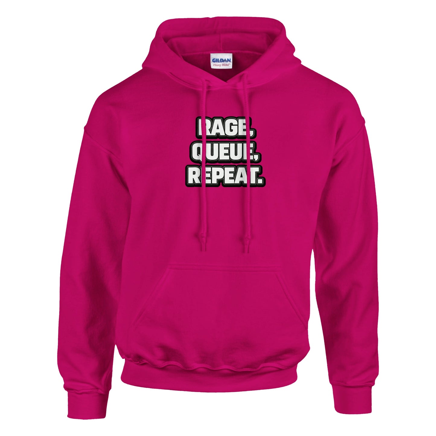 Pink hoodie with text 'RAGE, QUEUE, REPEAT' on a white background