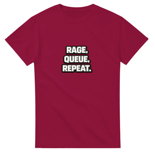 Maroon t-shirt with 'RAGE, QUEUE, REPEAT.' text on a white background