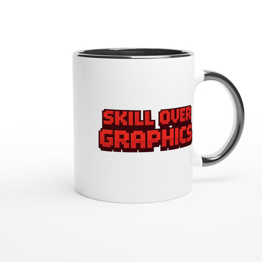 White mug with black interior and handle, featuring red text 'SKILL OVER GRAPHICS' on a white background