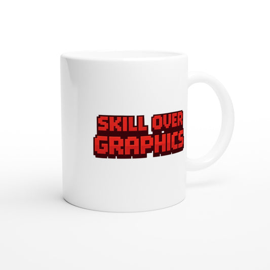 White mug with red text 'SKILL OVER GRAPHICS' on a white background