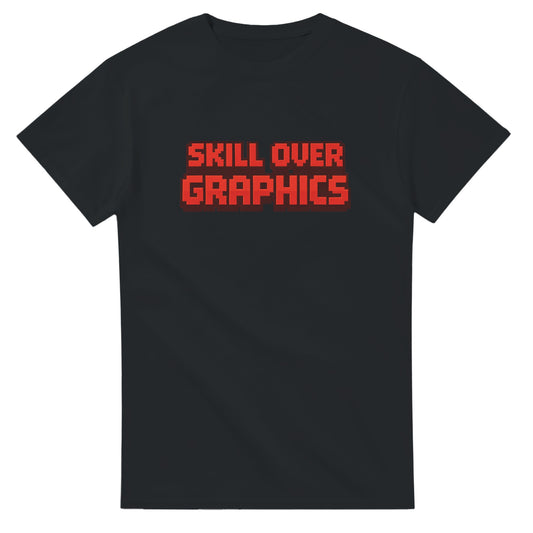 Black t-shirt with red text 'SKILL OVER GRAPHICS' in an 8 bit style font on a white background