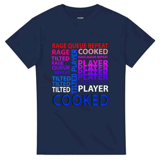 Tilted player 'glitch pop' design on a navy 180gsm shirt.