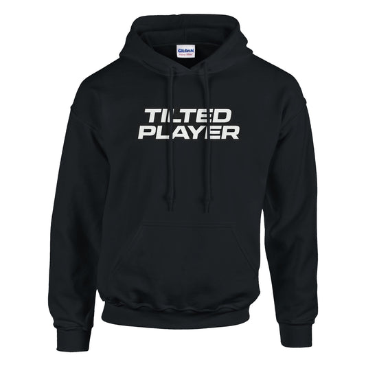 Black hoodie with white text that says 'Tilted Player'