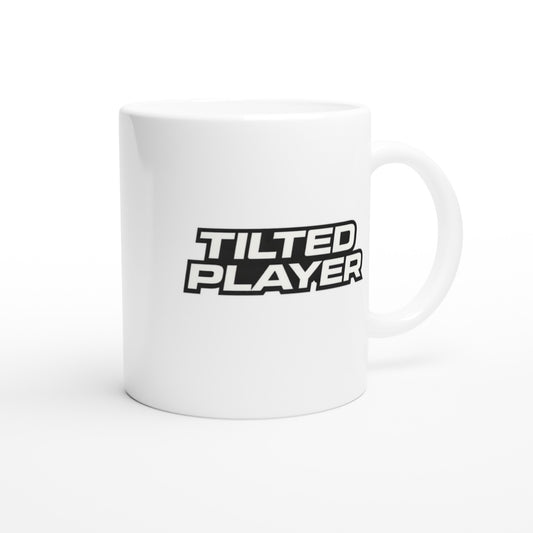 White mug with 'Tilted Player' text on a white background