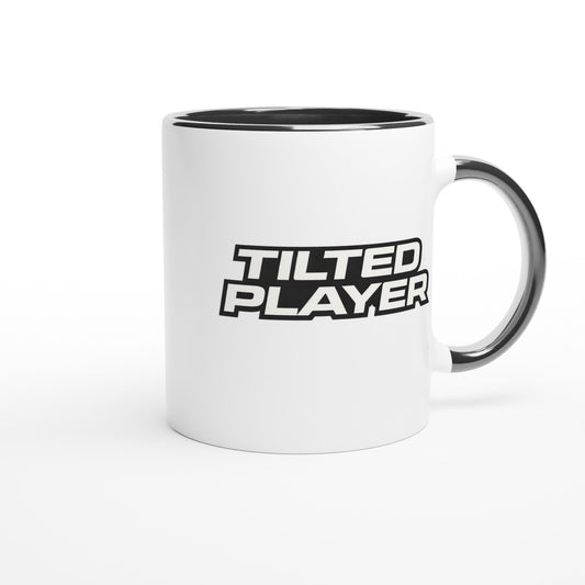 White mug with black interior and handle, featuring 'Tilted Player' text on a white background